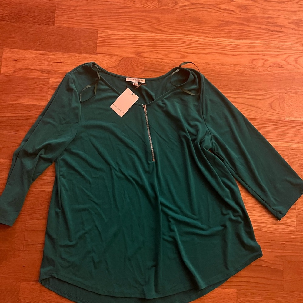 Green Envelope Teal Blouse with Zipper Accent